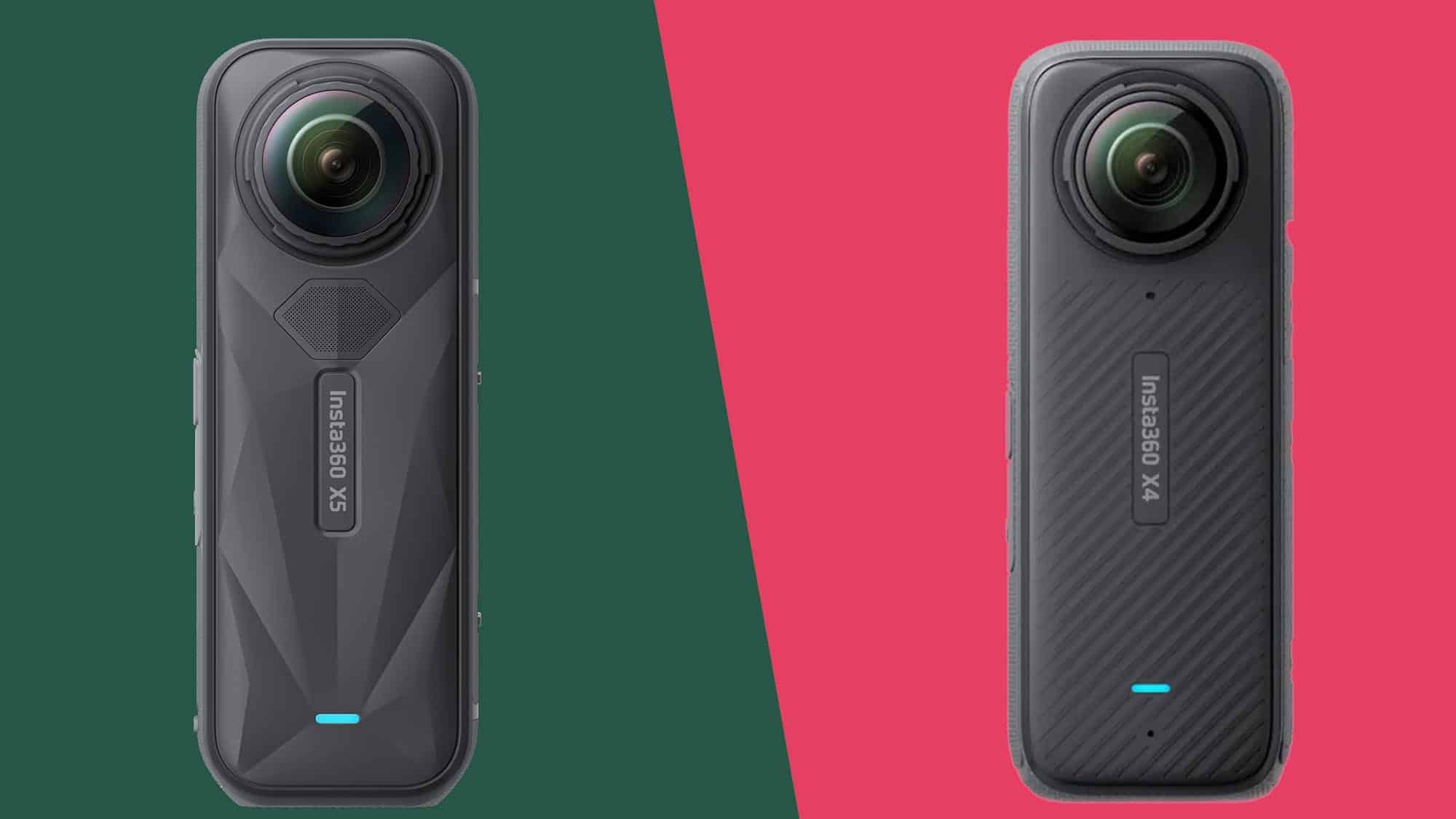Insta360 X5 naast Insta360 X4 op een gesplitste kleurenachtergrond