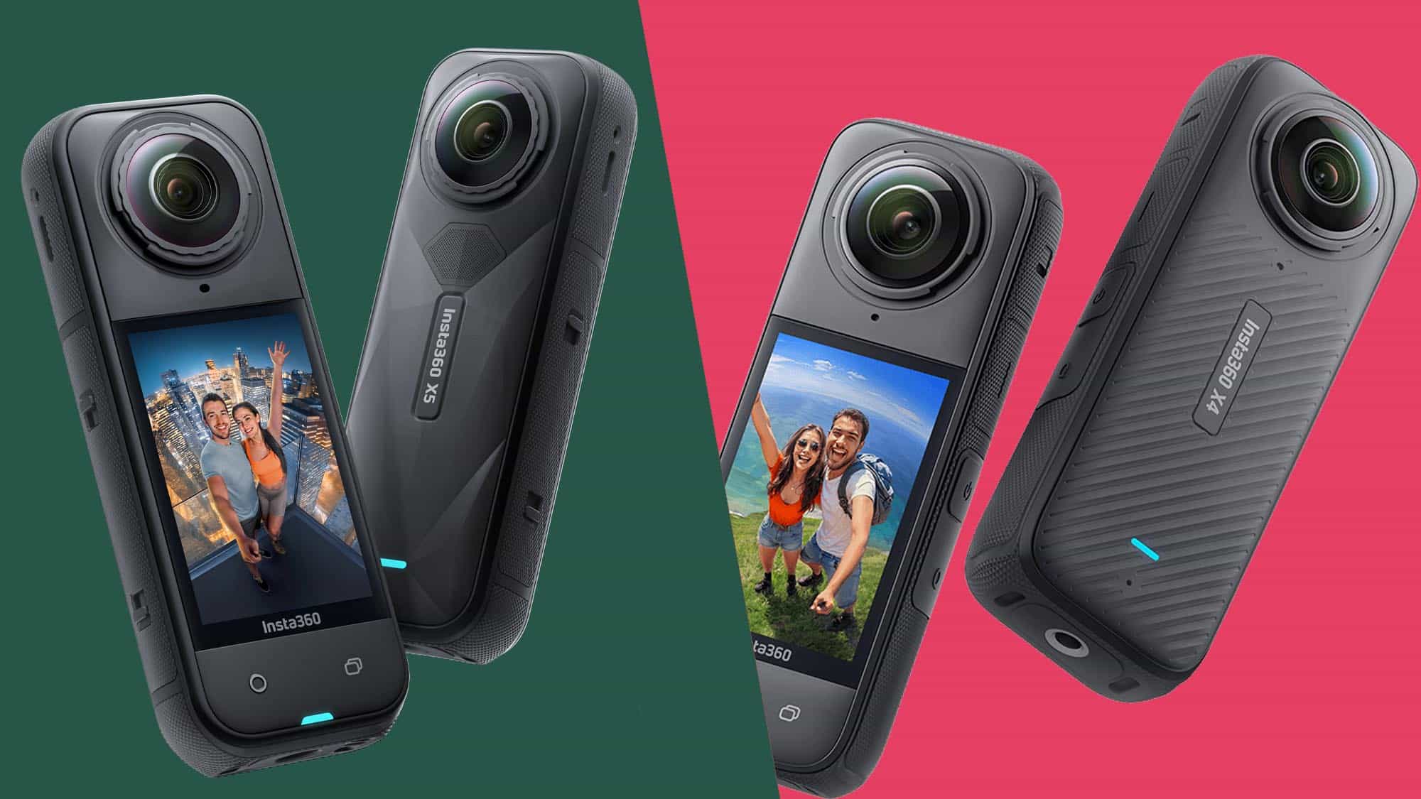 Insta360 X5 naast Insta360 X4 op een achtergrond met kleursplitsing