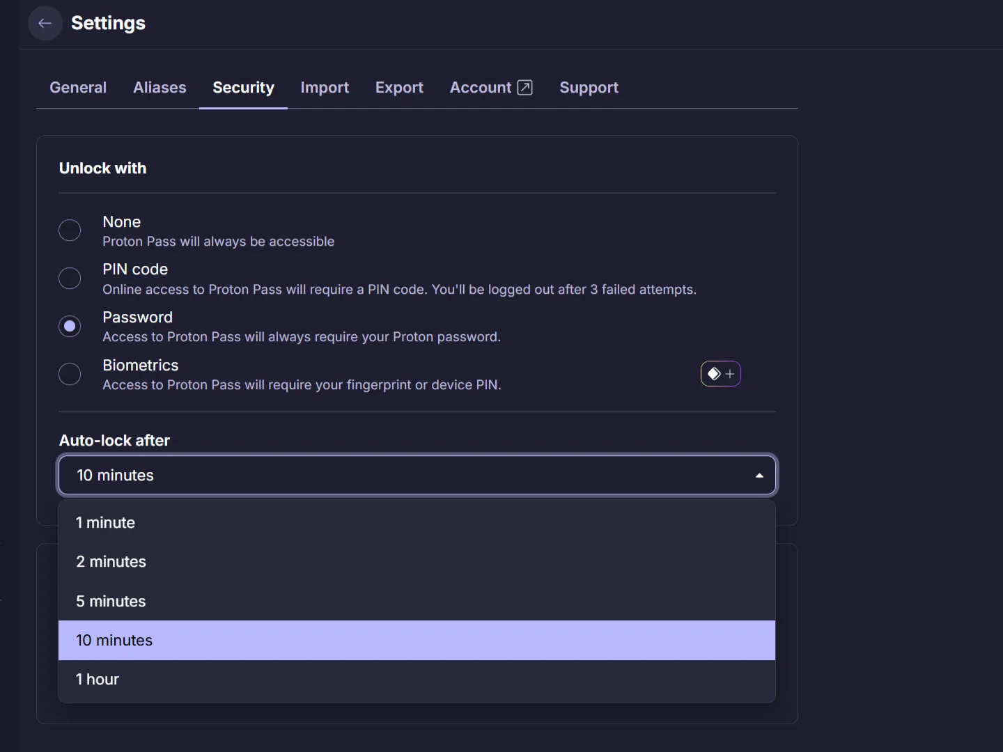Proton Pass 自動鎖定計時器設定為十分鐘。