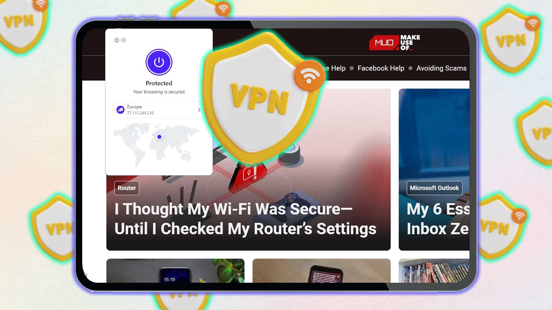 VPN per browser su schermo di tablet con sfondo di sito web.