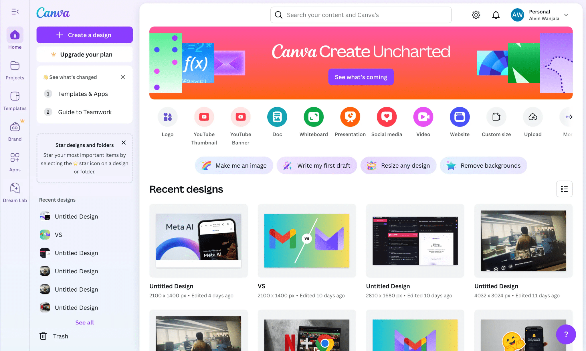 登入後 Canva 首頁