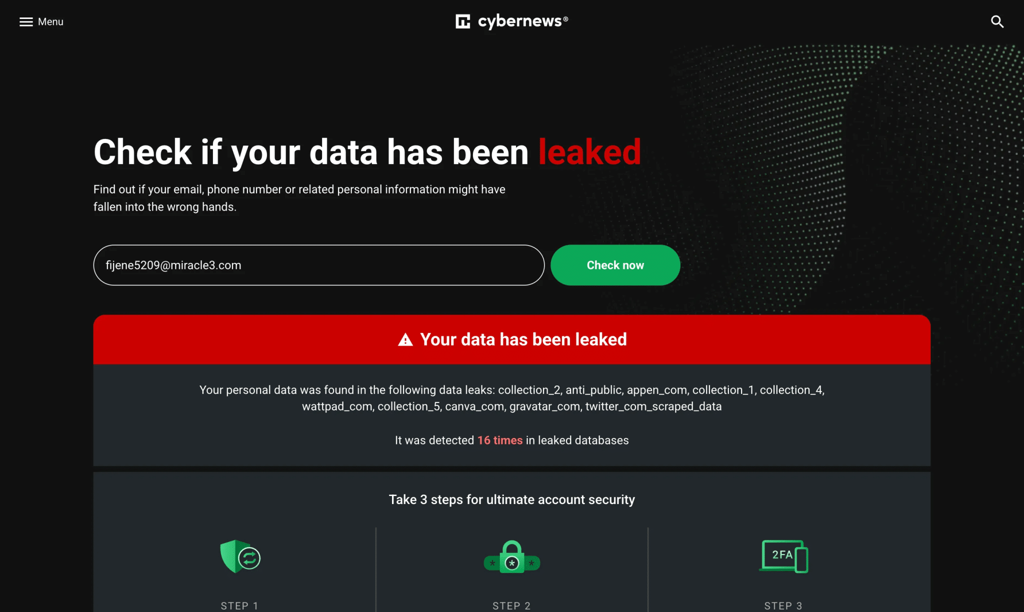 使用 CyberNews 的個人資料外洩檢查器檢查您的資料是否在暗網上。