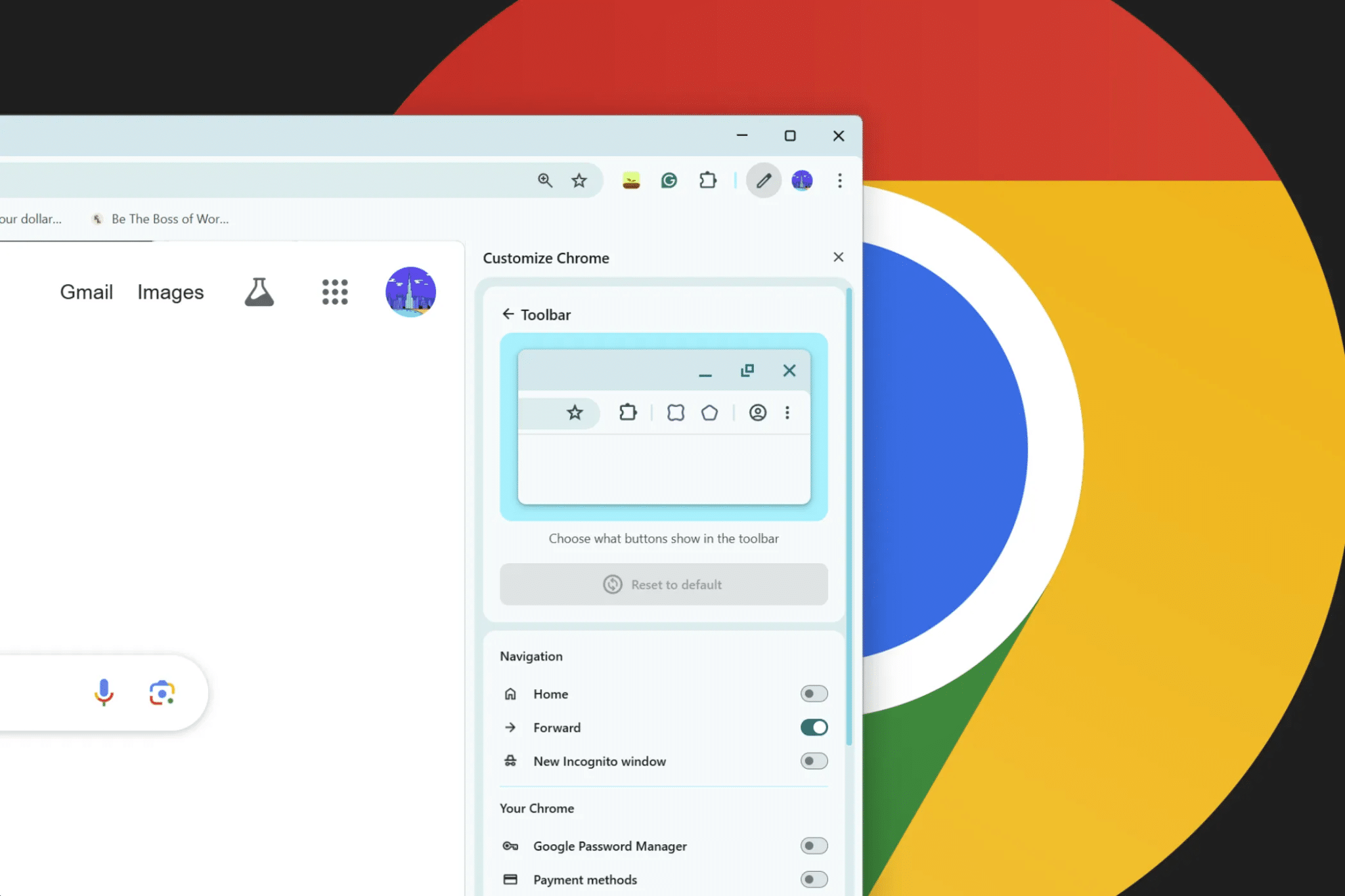 Personalizza la barra laterale di Chrome con il logo di Google Chrome sullo sfondo