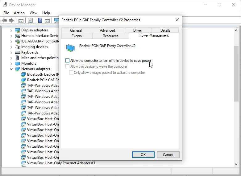 裝置管理員網路介面卡選項 Windows 10
