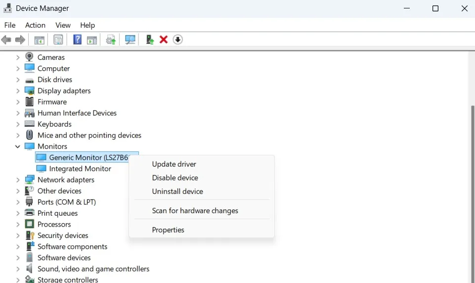 Gestione dispositivi che mostra l'opzione di aggiornamento del driver del monitor