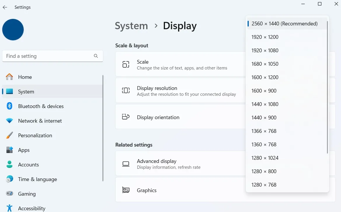 Opzioni di risoluzione dello schermo in Windows 11