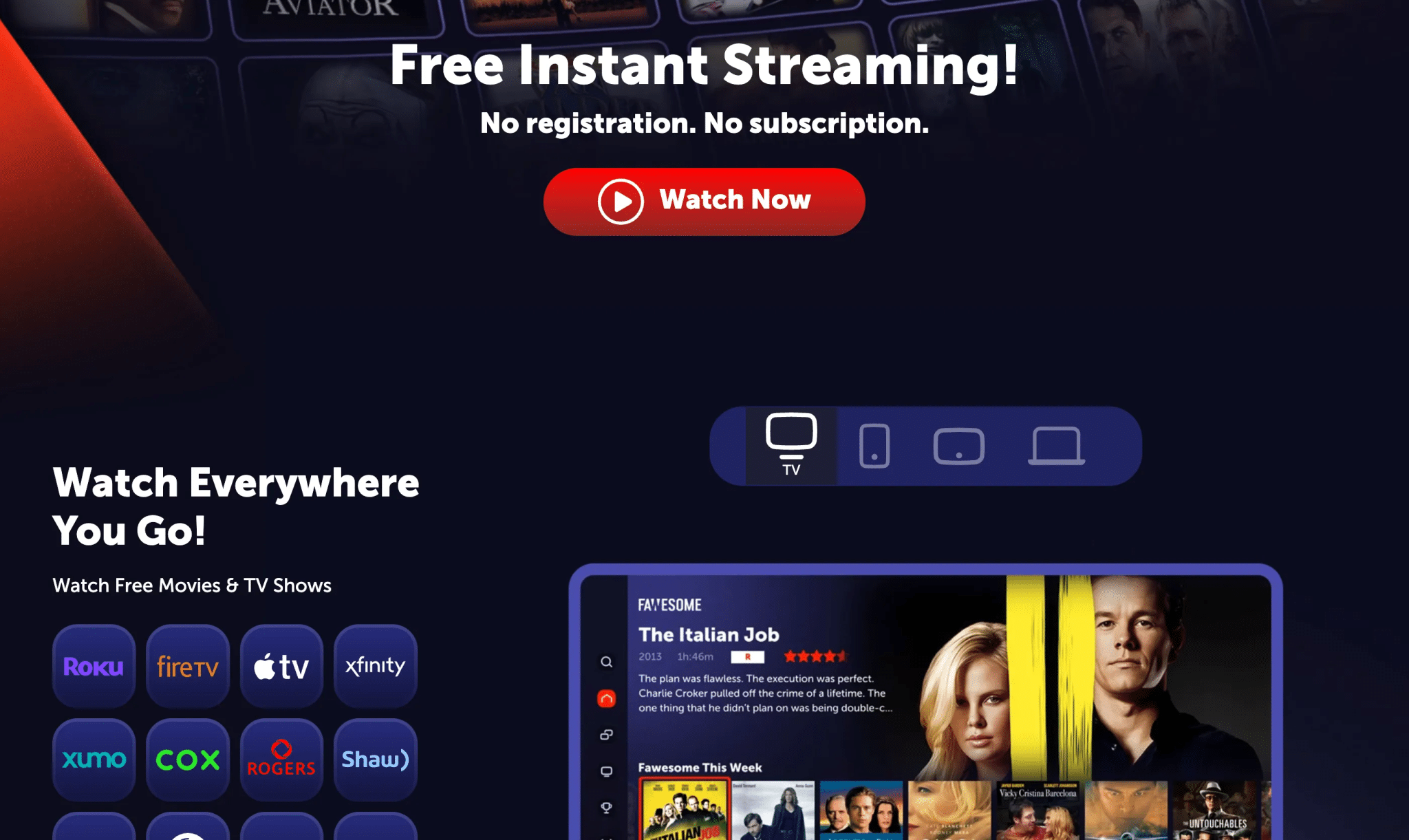 Uno screenshot della homepage di Fawesome che mostra che l'app è supportata su diversi sistemi operativi e dispositivi.