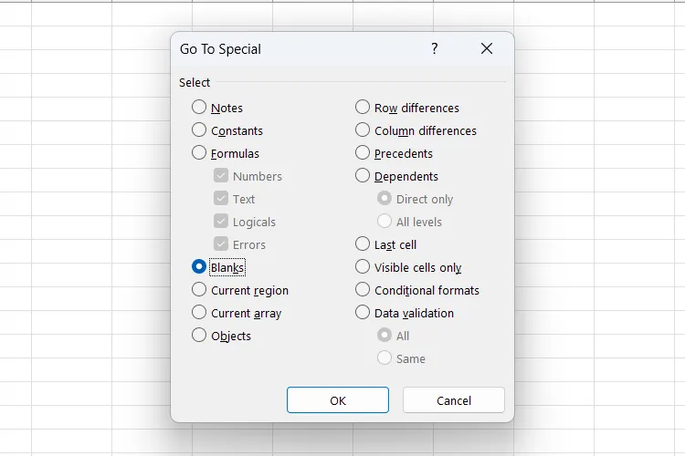 Selecteer 'Leeg' in het dialoogvenster Ga naar speciaal.