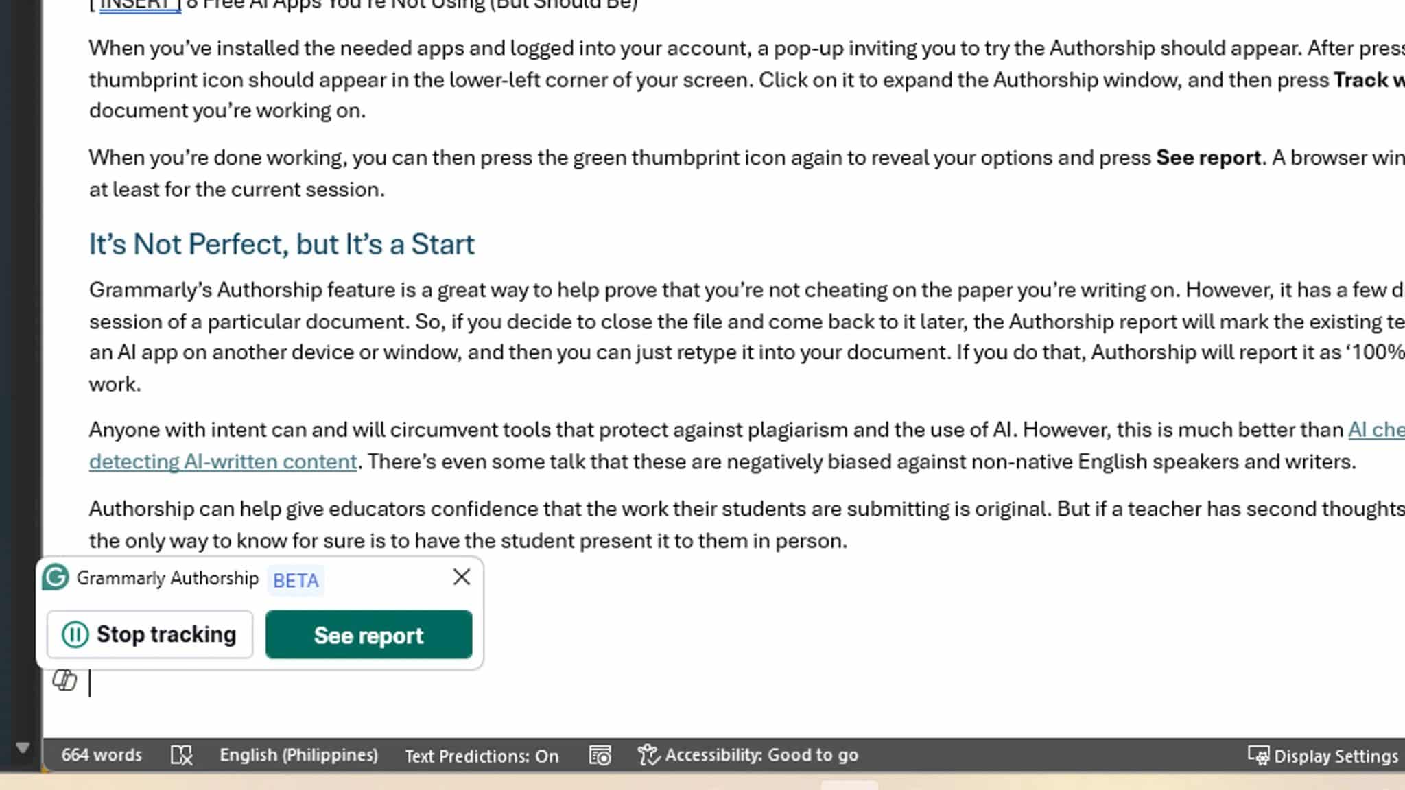 Finestra pop-up di Grammarly Authorship
