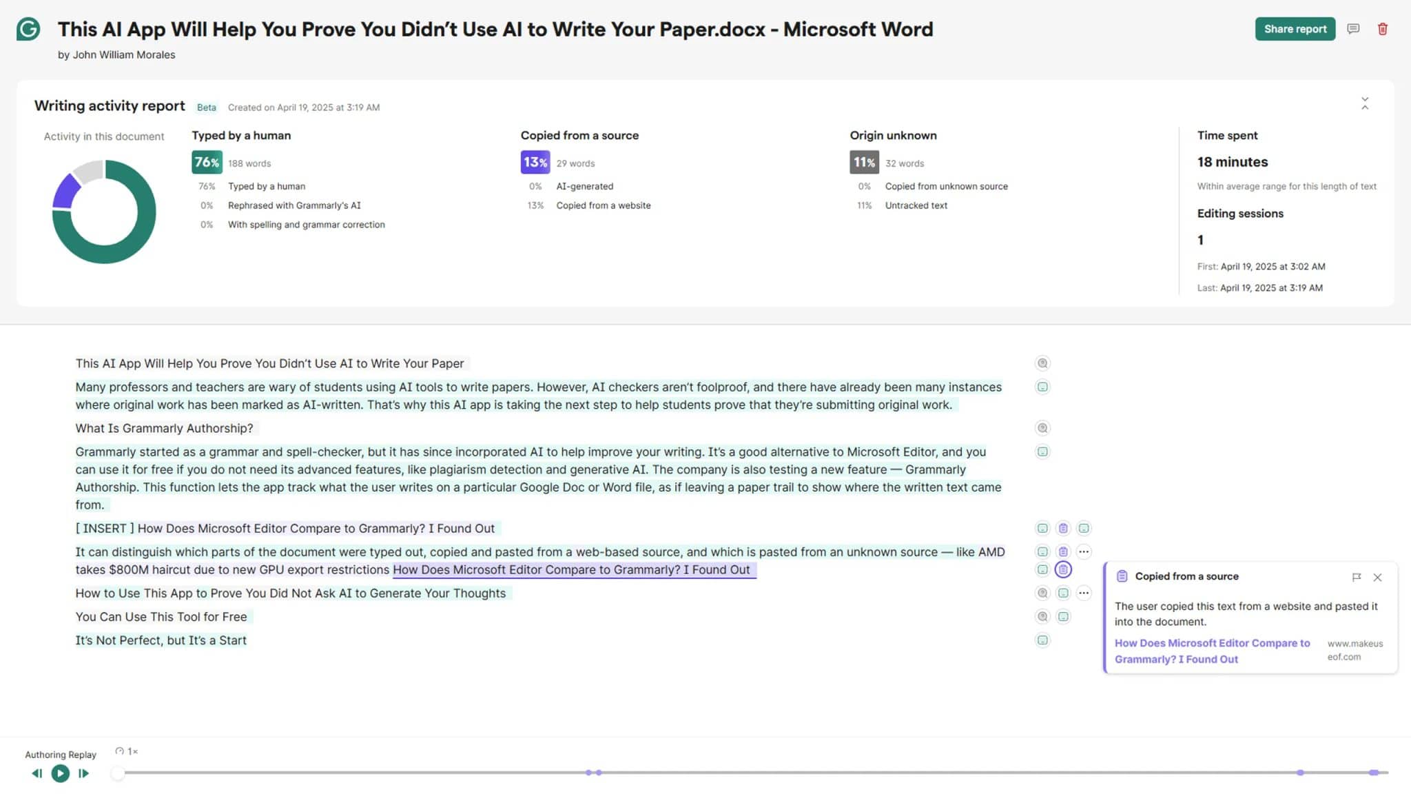 Report della sessione di creazione di Grammarly