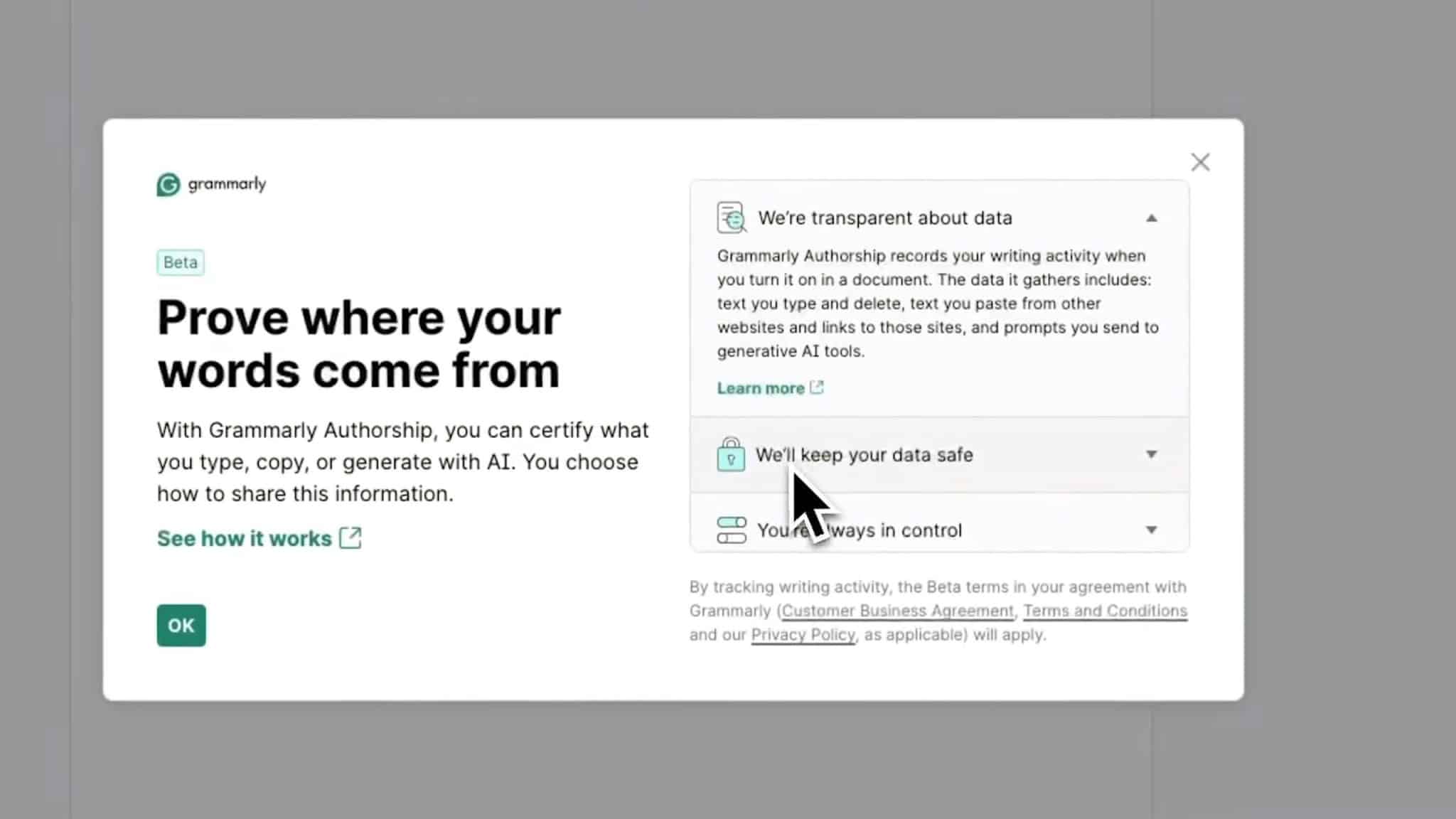 Finestra di benvenuto del controllo di originalità di Grammarly