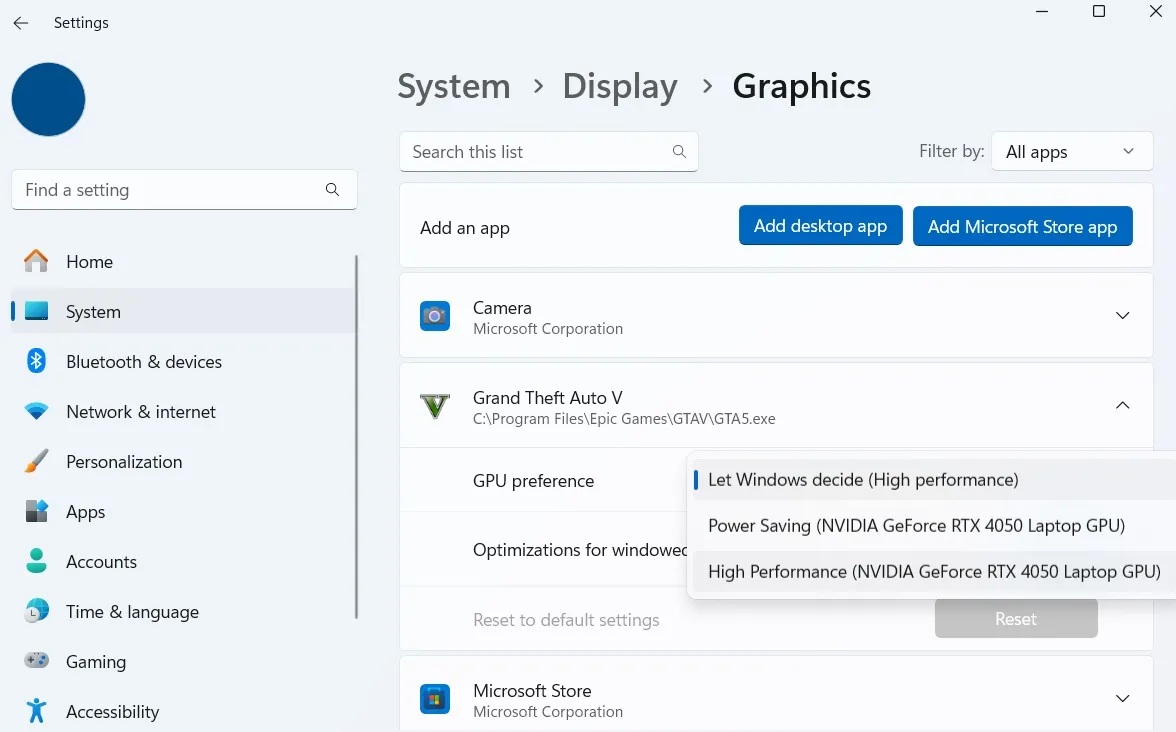 Preferenza grafica per app e giochi su Windows