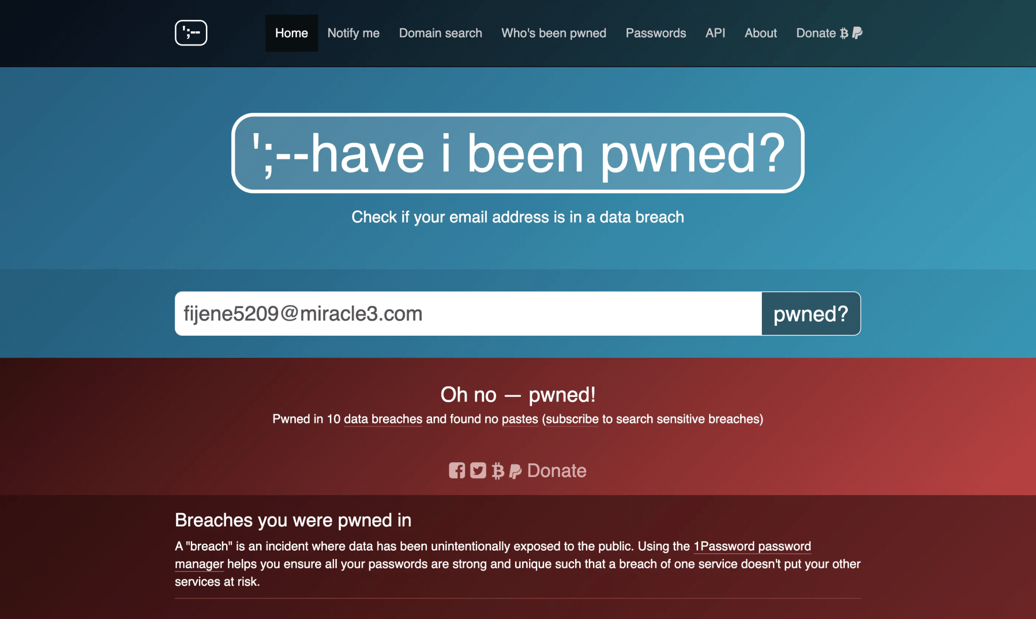 Have I Been Pwned 網站用於檢查您的電子郵件是否已被盜用
