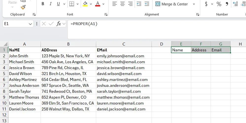 Koptekstgevallen die zijn opgelost met de PROPER-functie in Excel.