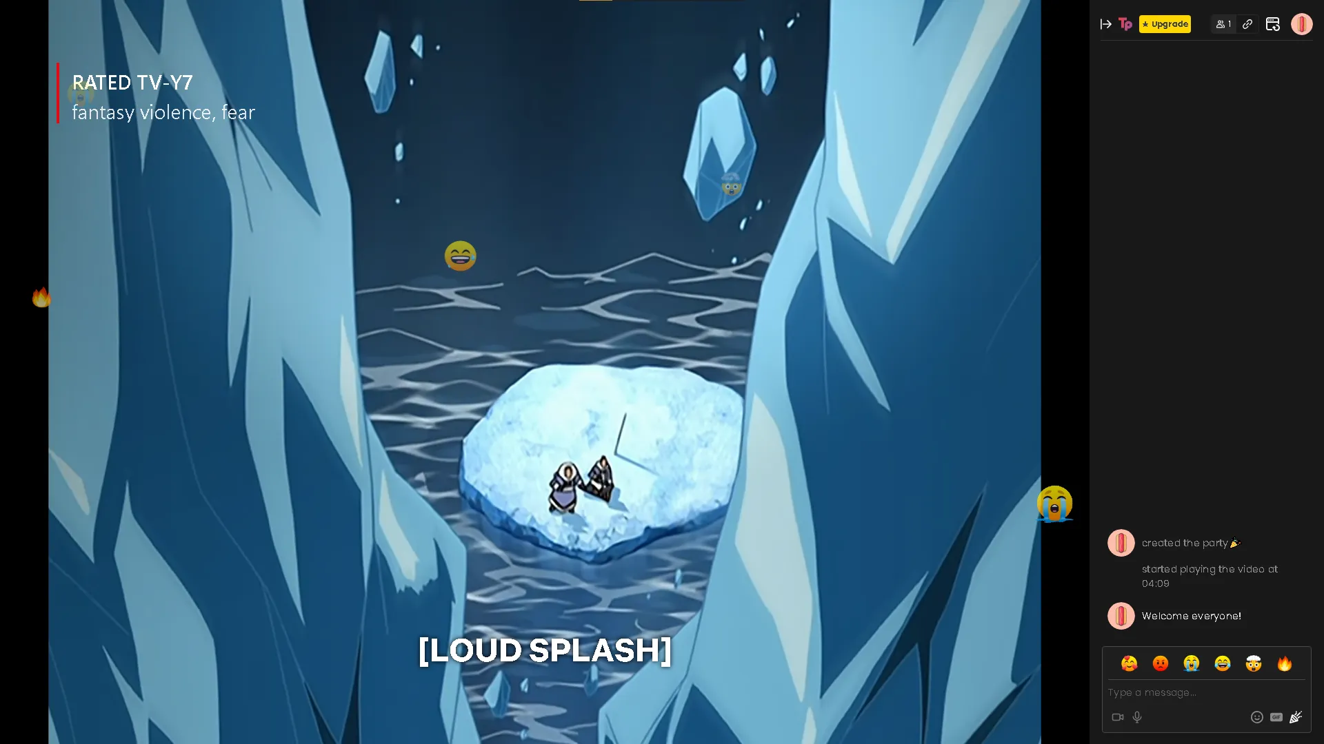 Organizza un watch party di Avatar: The Last Airbender in Teleparty, con un pannello di chat sulla destra e reazioni emoji.