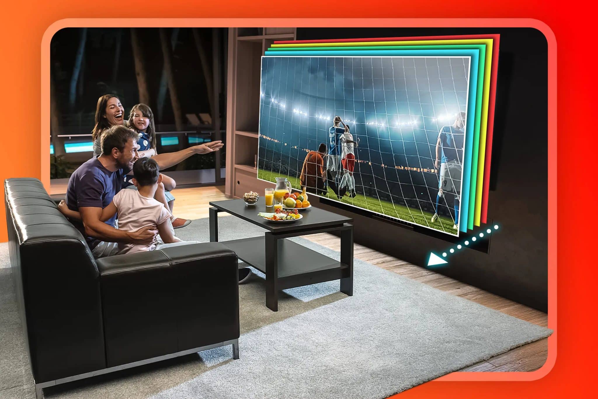 Una famiglia guarda la TV sul divano. Lo schermo ha una frequenza di aggiornamento variabile.