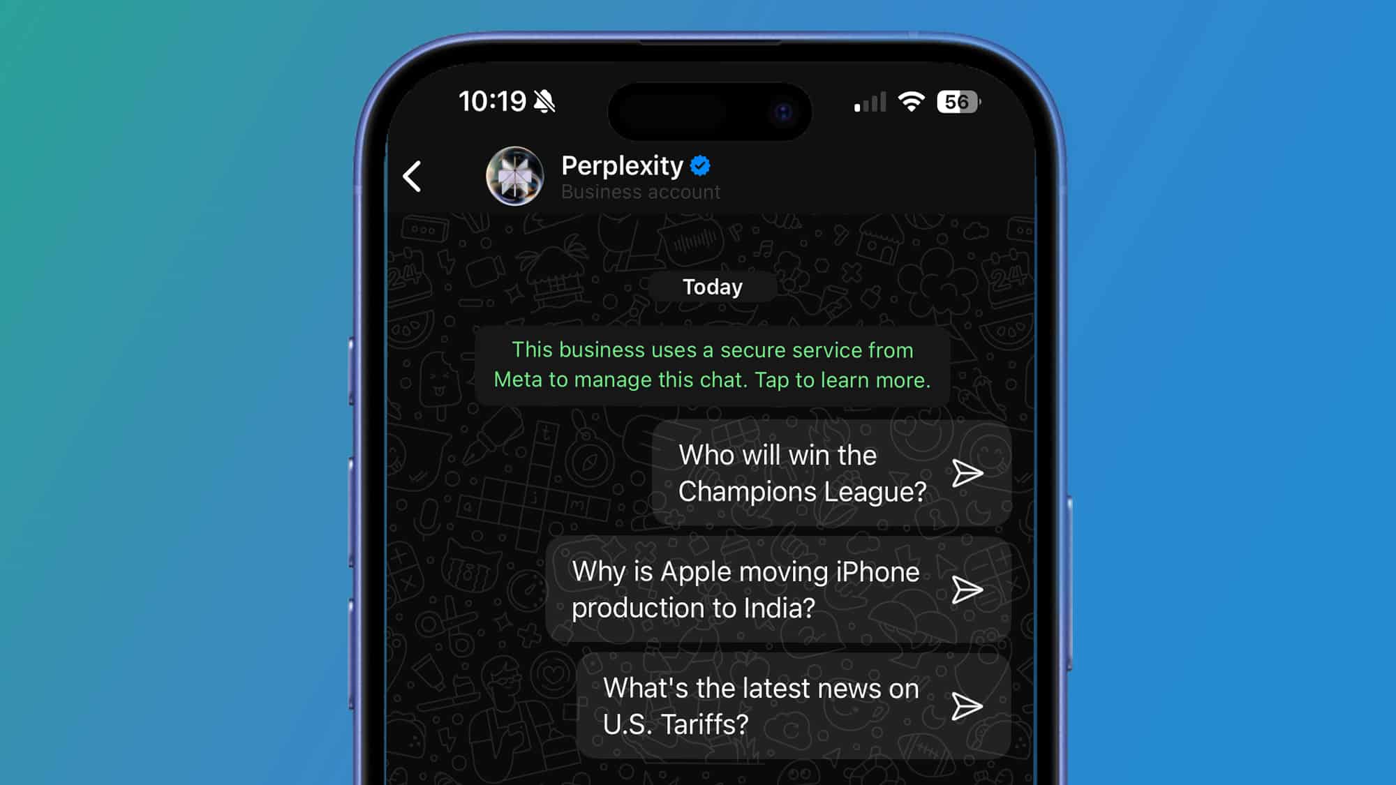 iPhone 在藍色背景下顯示 WhatsApp 中的 Perplexity