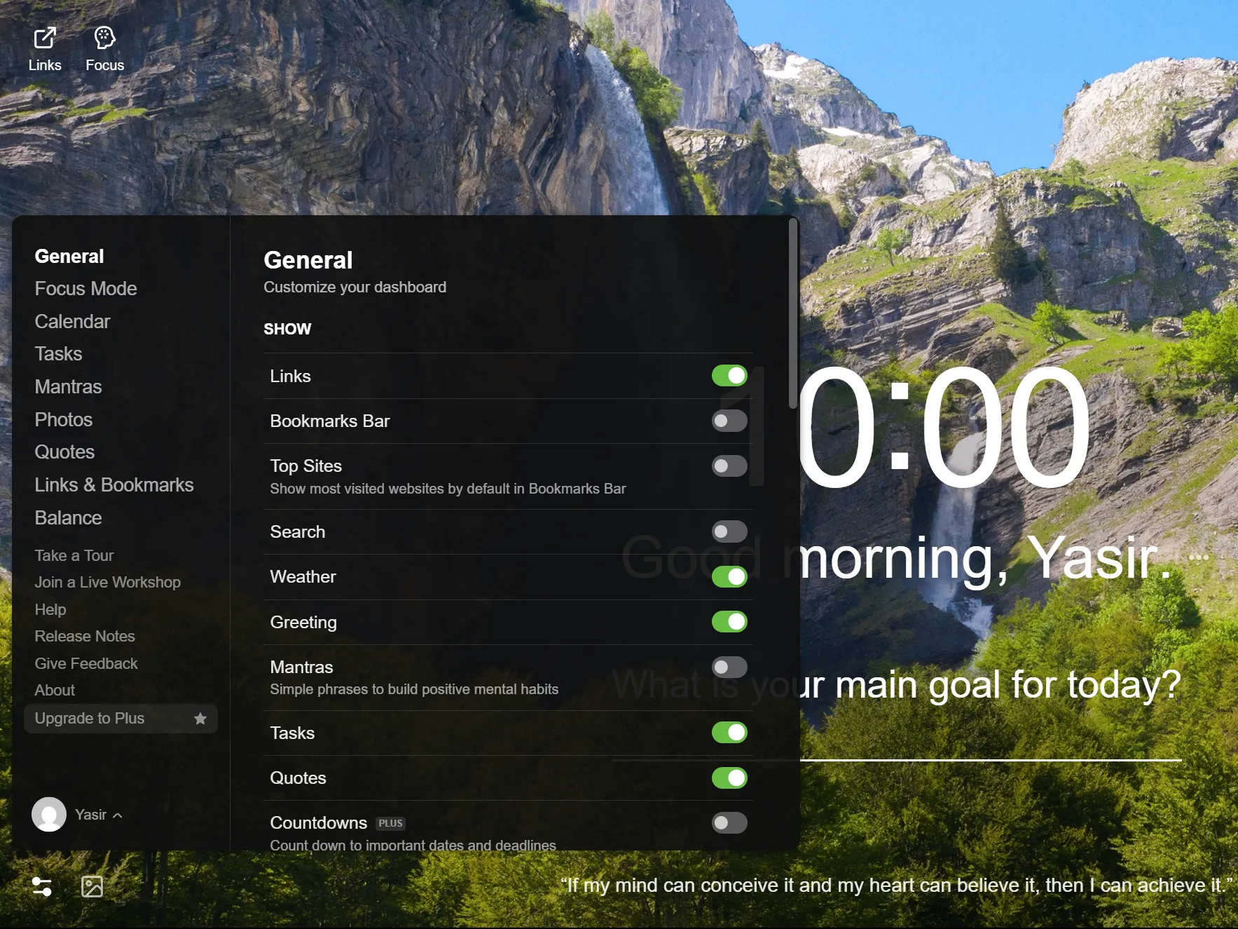Impostazioni dell'estensione Momentum in Chrome.