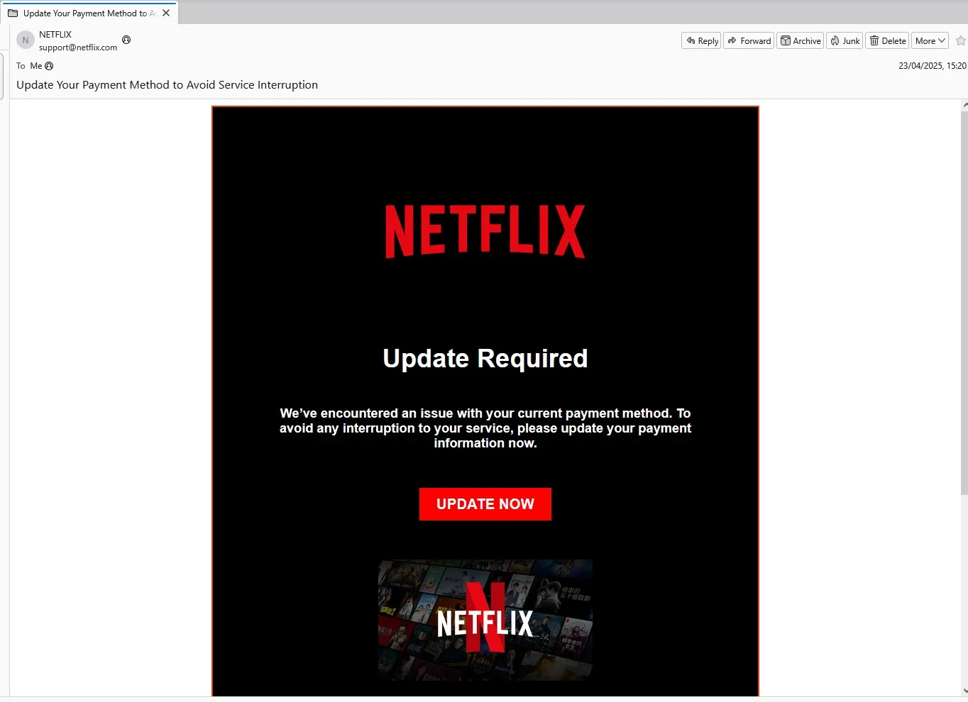 Beispiel einer Phishing-E-Mail von Netflix.