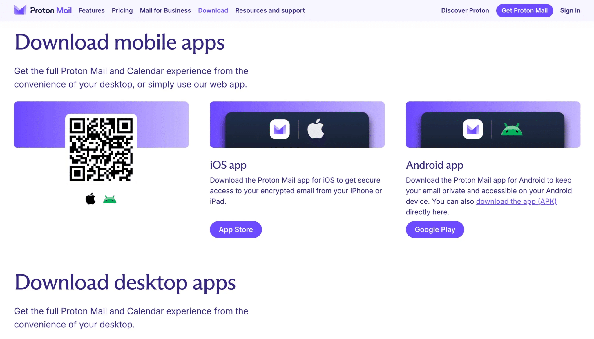Pagina di download di ProtonMail
