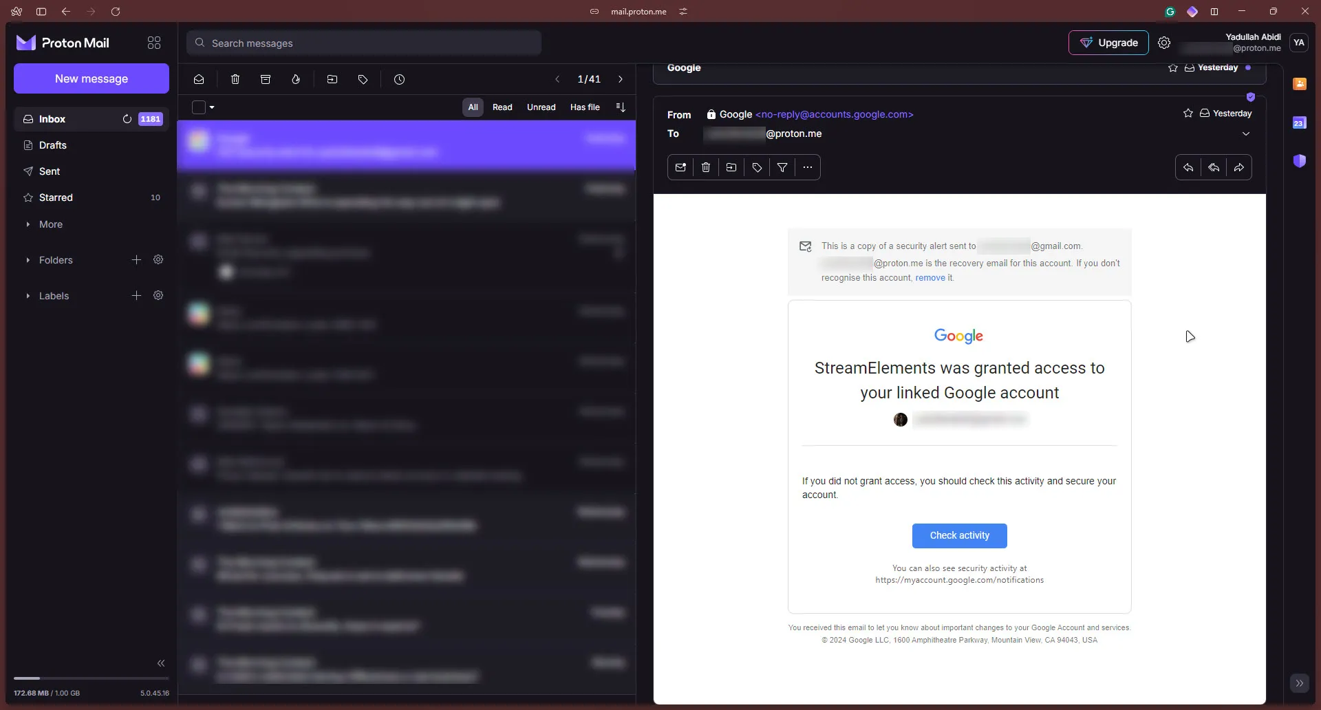 Interfaccia utente di Proton Mail