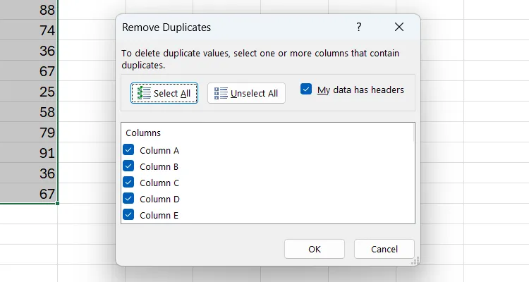 Dialoogvenster Duplicaten verwijderen in Excel.