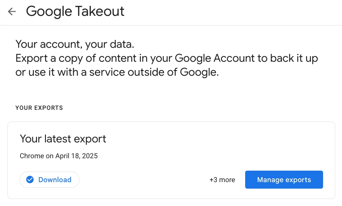 Google Takeout подготовил копию ваших данных для экспорта.