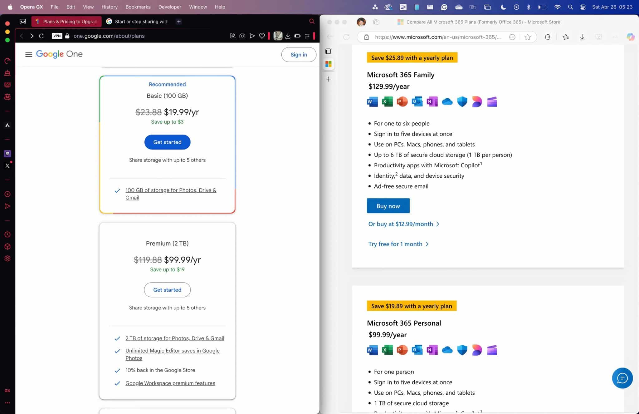 Google One 與 Microsoft 365 訂閱的比較