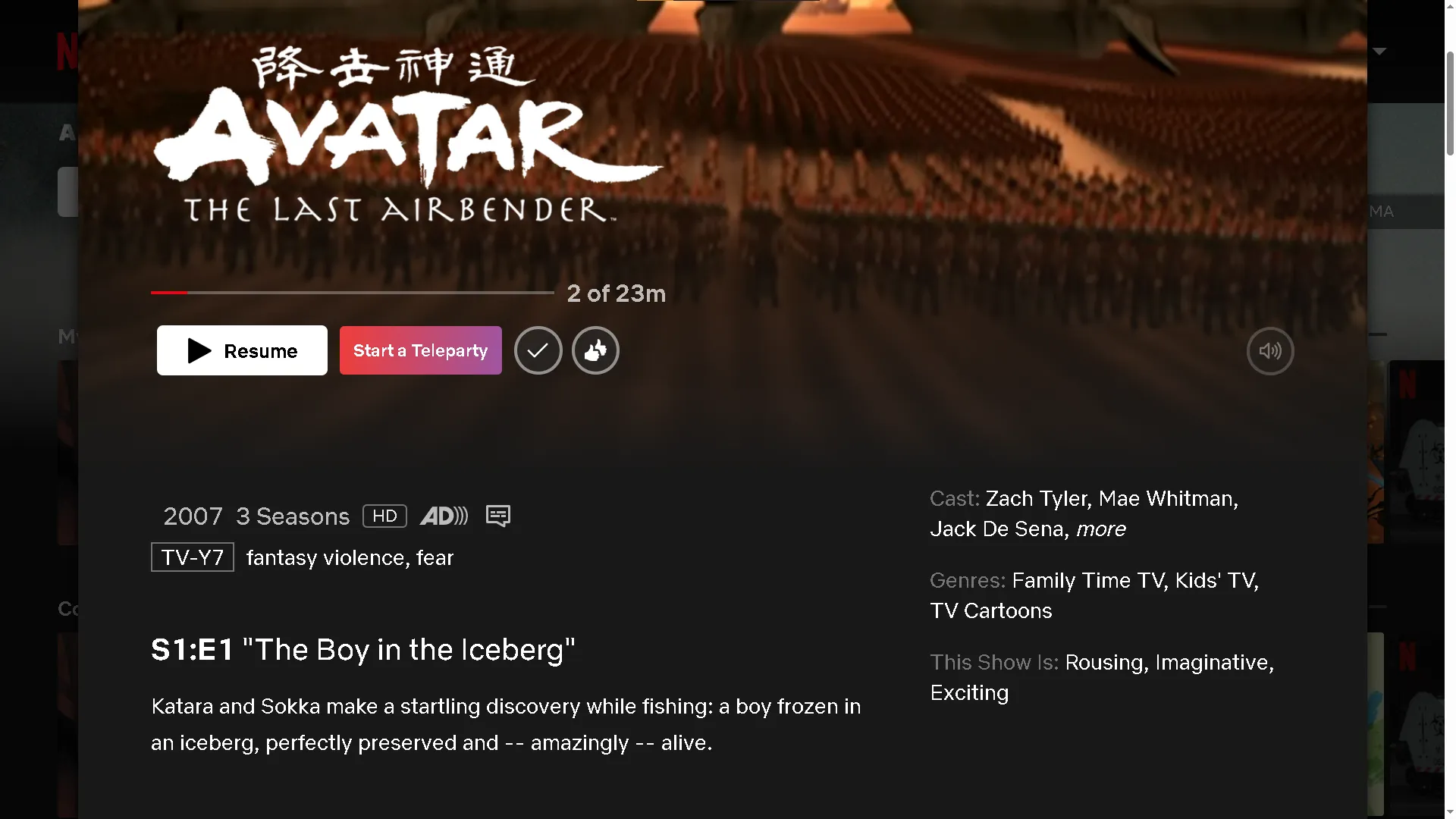 Avvia un Netflix Teleparty, con Avatar: la leggenda di Aang in sottofondo.