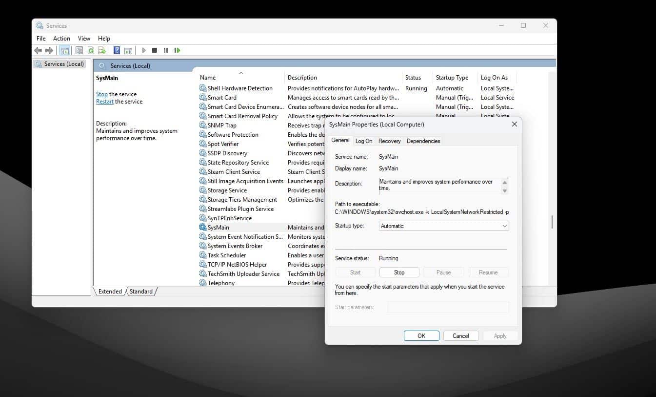 SysMain 服務在 Windows 服務中開啟