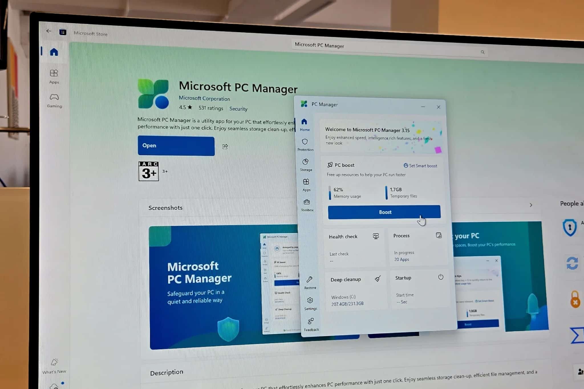 在 BENQ 顯示器上開啟 Microsoft PC Manager 應用程式