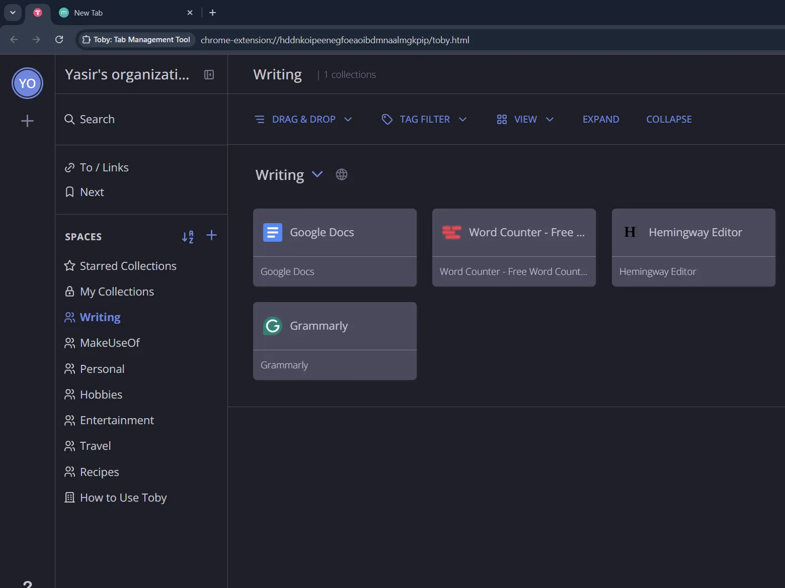 Dashboard di gestione delle schede Toby che mostra le schede nella raccolta di scrittura.