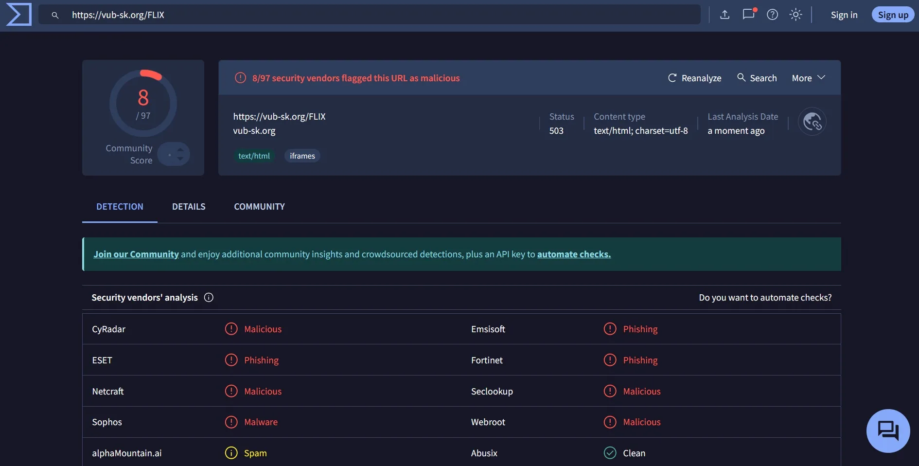 Virustotal-Scan auf bösartige Phishing-Sites von Netflix.
