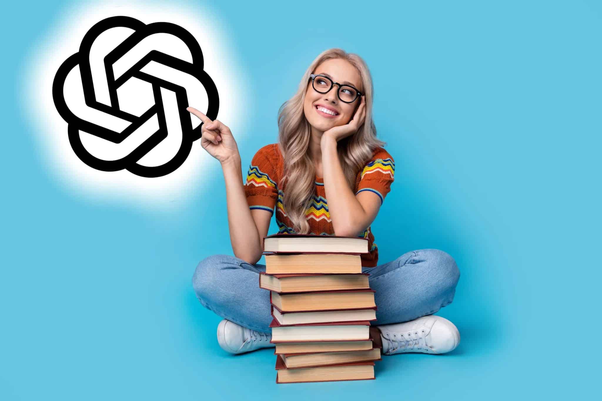 Donna con una pila di libri che indica il logo di ChatGPT