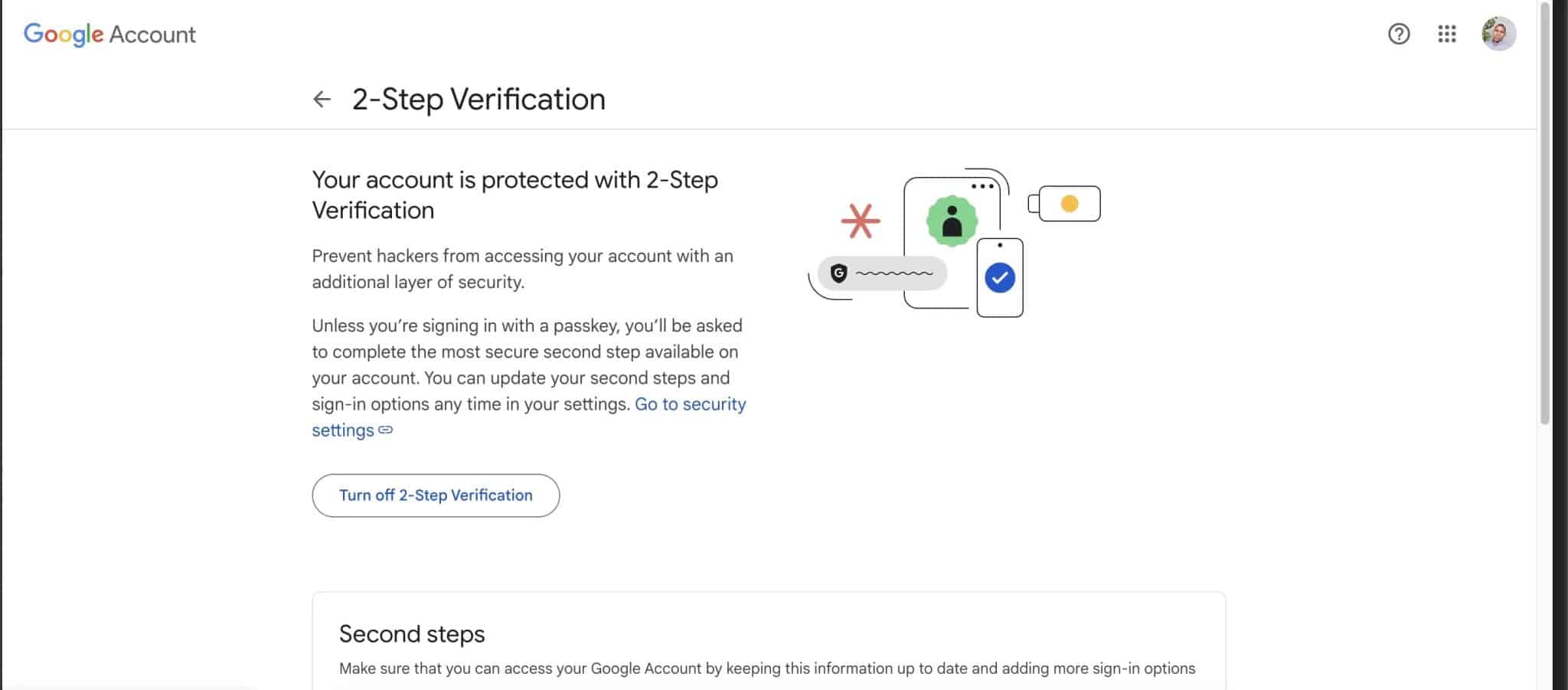 Google 帳戶設定中的兩步驟驗證頁面