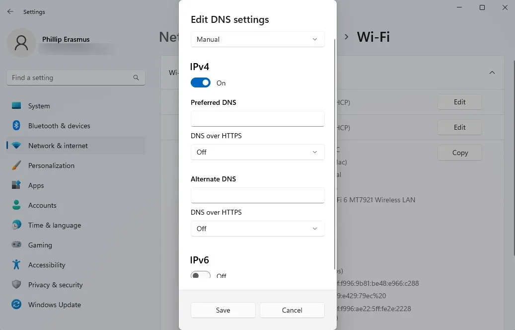Immagine delle impostazioni DNS