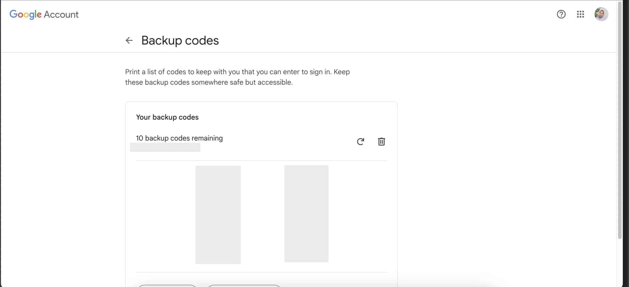 Google 帳戶上的備份代碼頁面