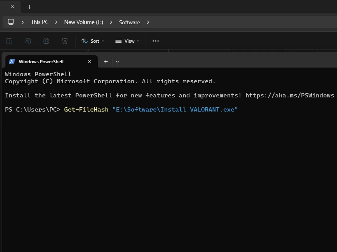 Comando in Windows PowerShell per ottenere l'hash del file.