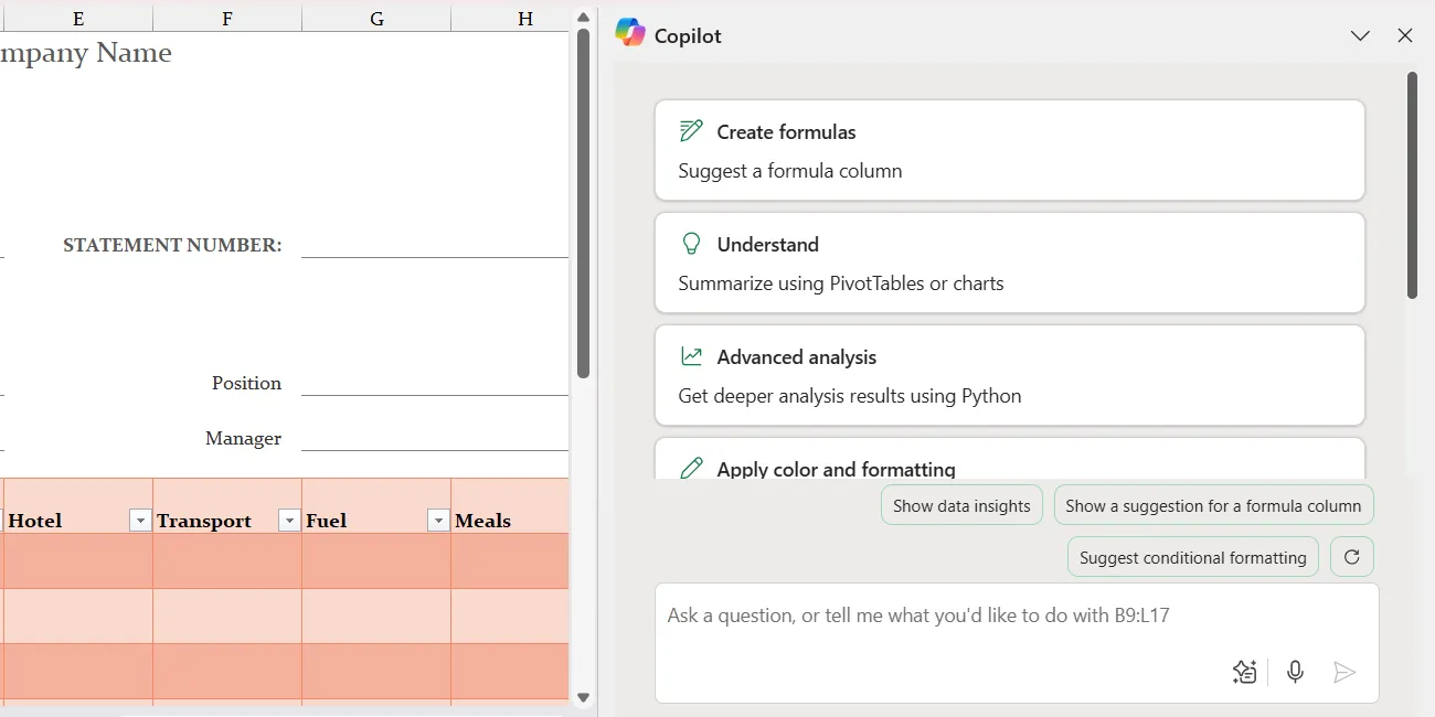 Copilot-Seitenleiste in Excel.