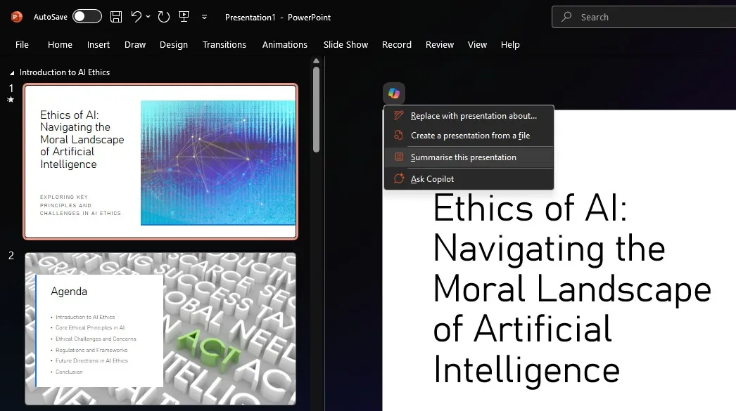 Präsentation mit Copilot in PowerPoint zusammenfassen