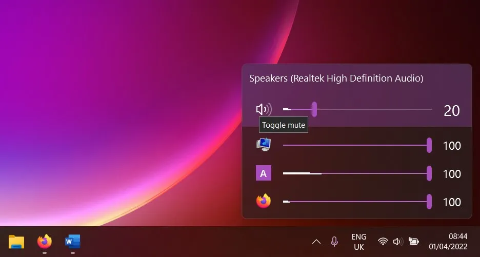 EarTrumpet 應用程式音量混合器 Windows 11 彈出窗口
