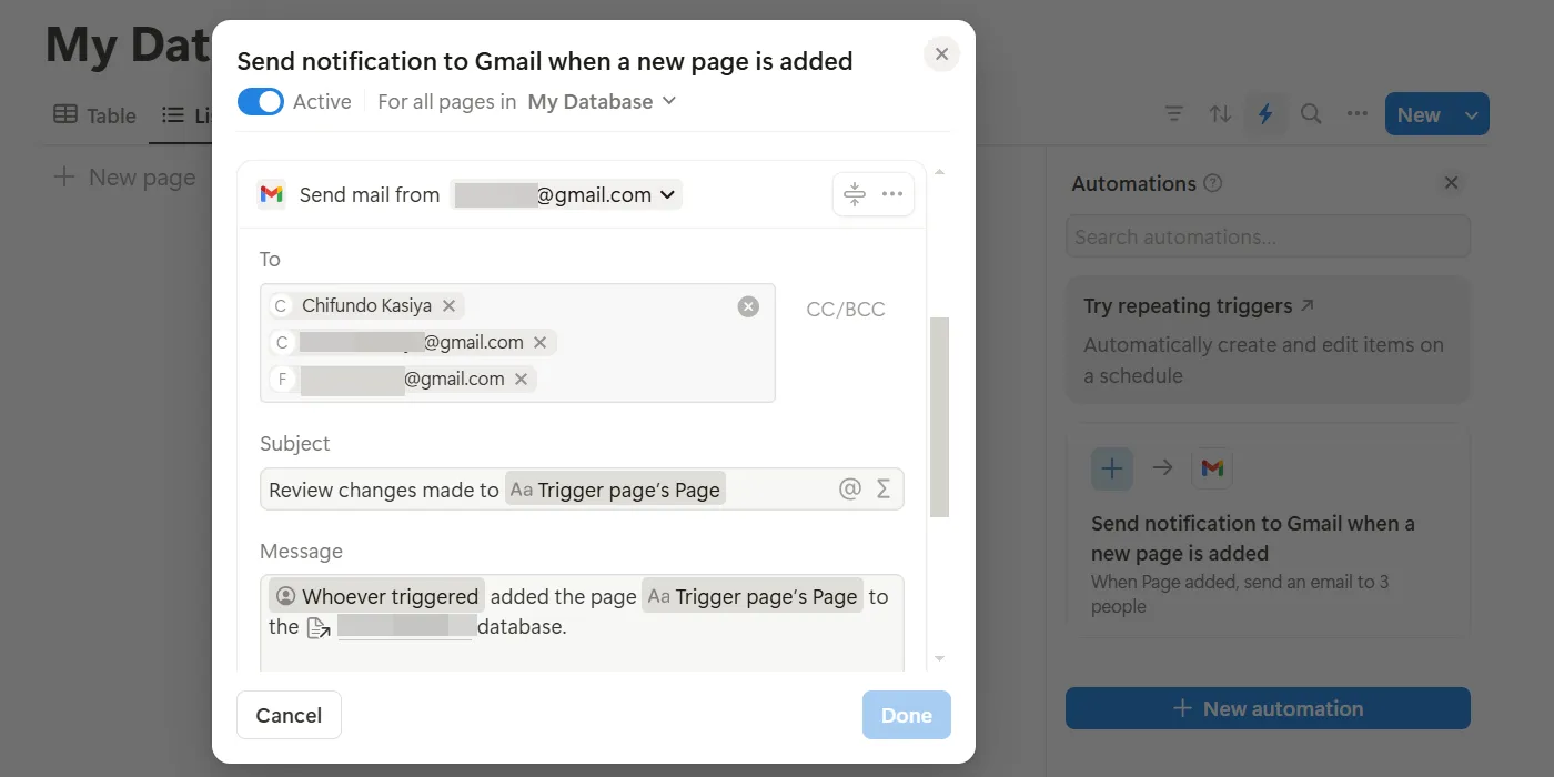 在 Notion 中建立的 Gmail 自動化。