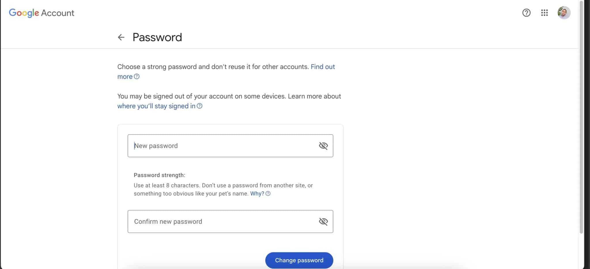 Google 帳戶密碼變更頁面