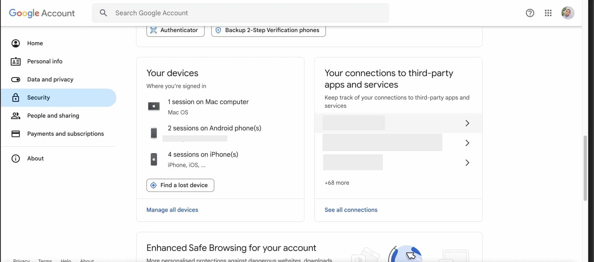 顯示裝置的 Google 帳戶安全性頁面