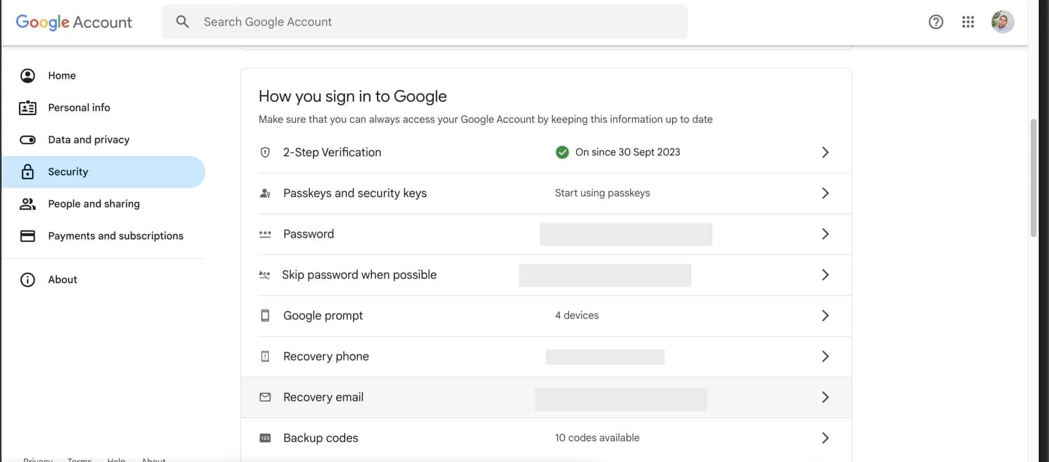 Google 帳戶設定中的安全性頁面
