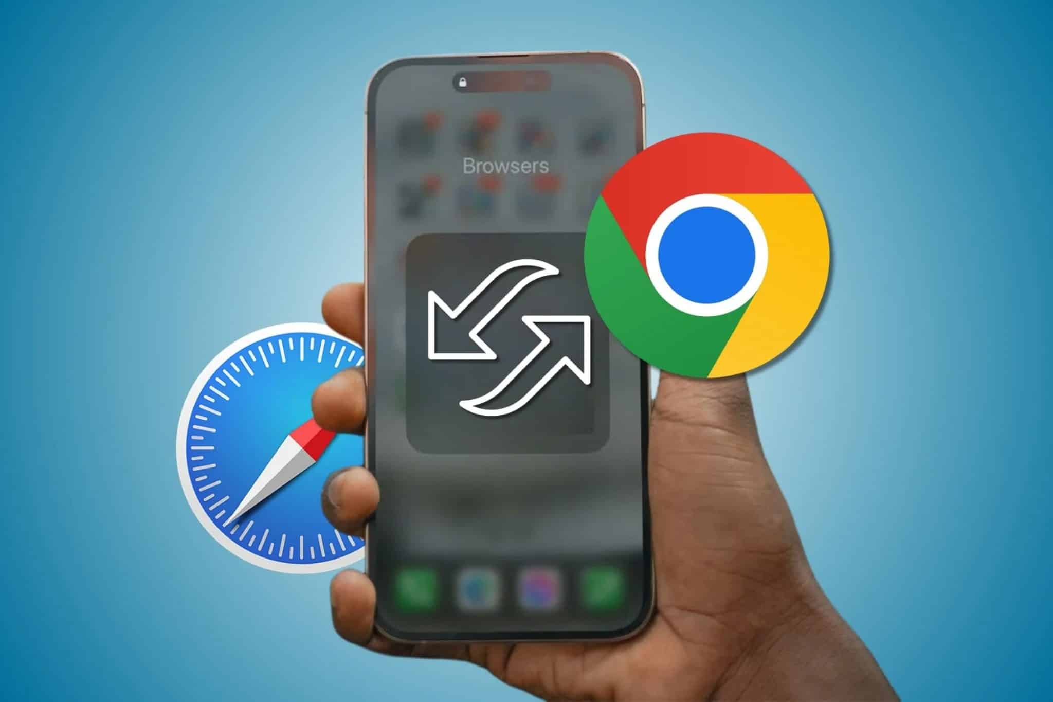 iPhone in der Hand mit Umschaltpfeilen und Chrome- und Safari-Symbolen auf beiden Seiten