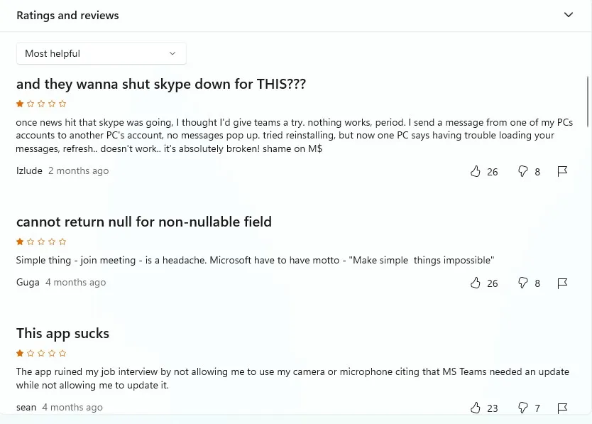 Microsoft Store 上的 Microsoft Teams 評論