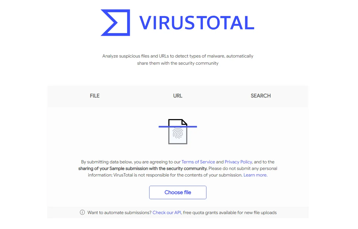 Pagina iniziale di VirusTotal per verificare se un collegamento è sicuro.