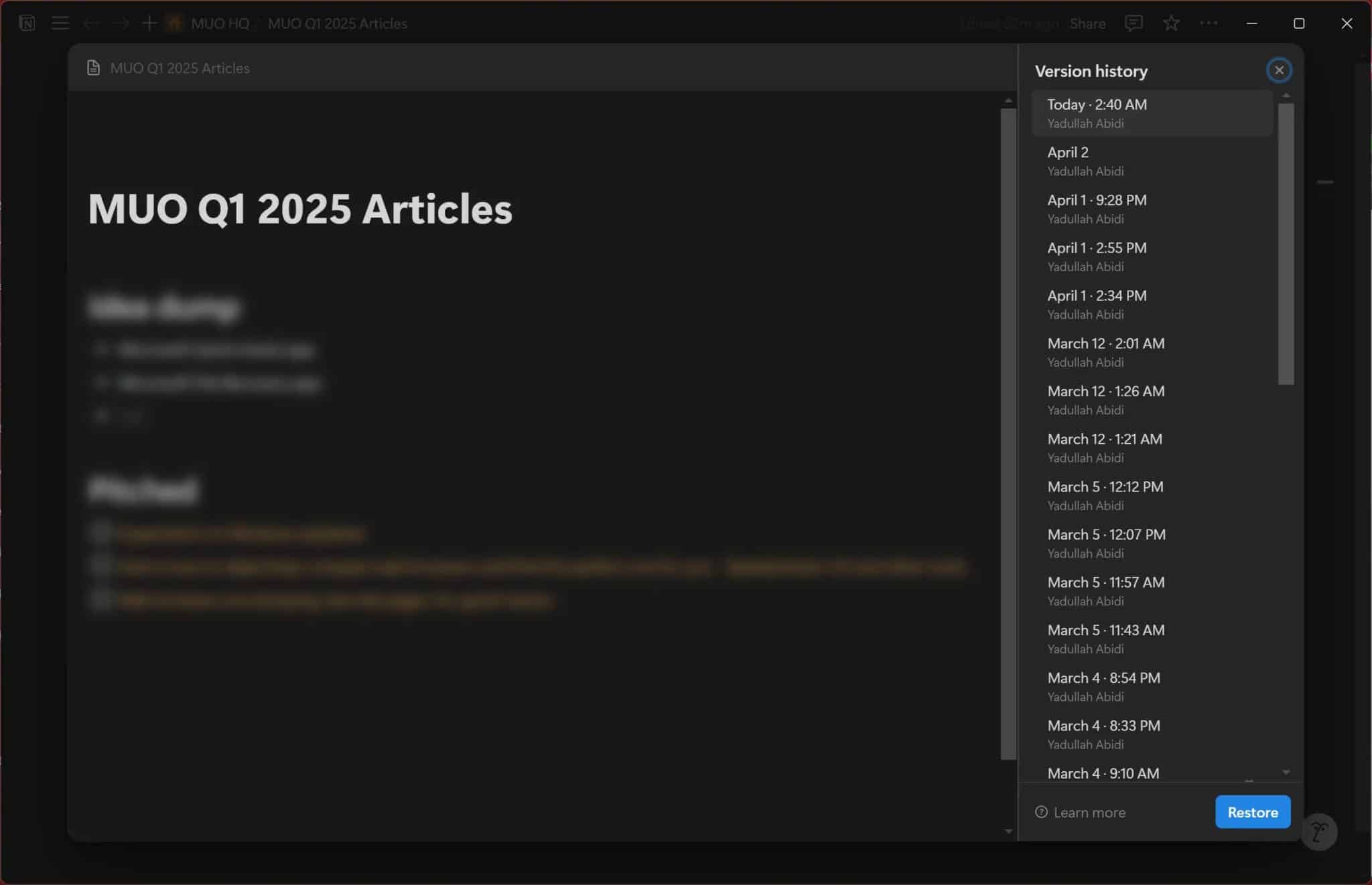 Notion page history
