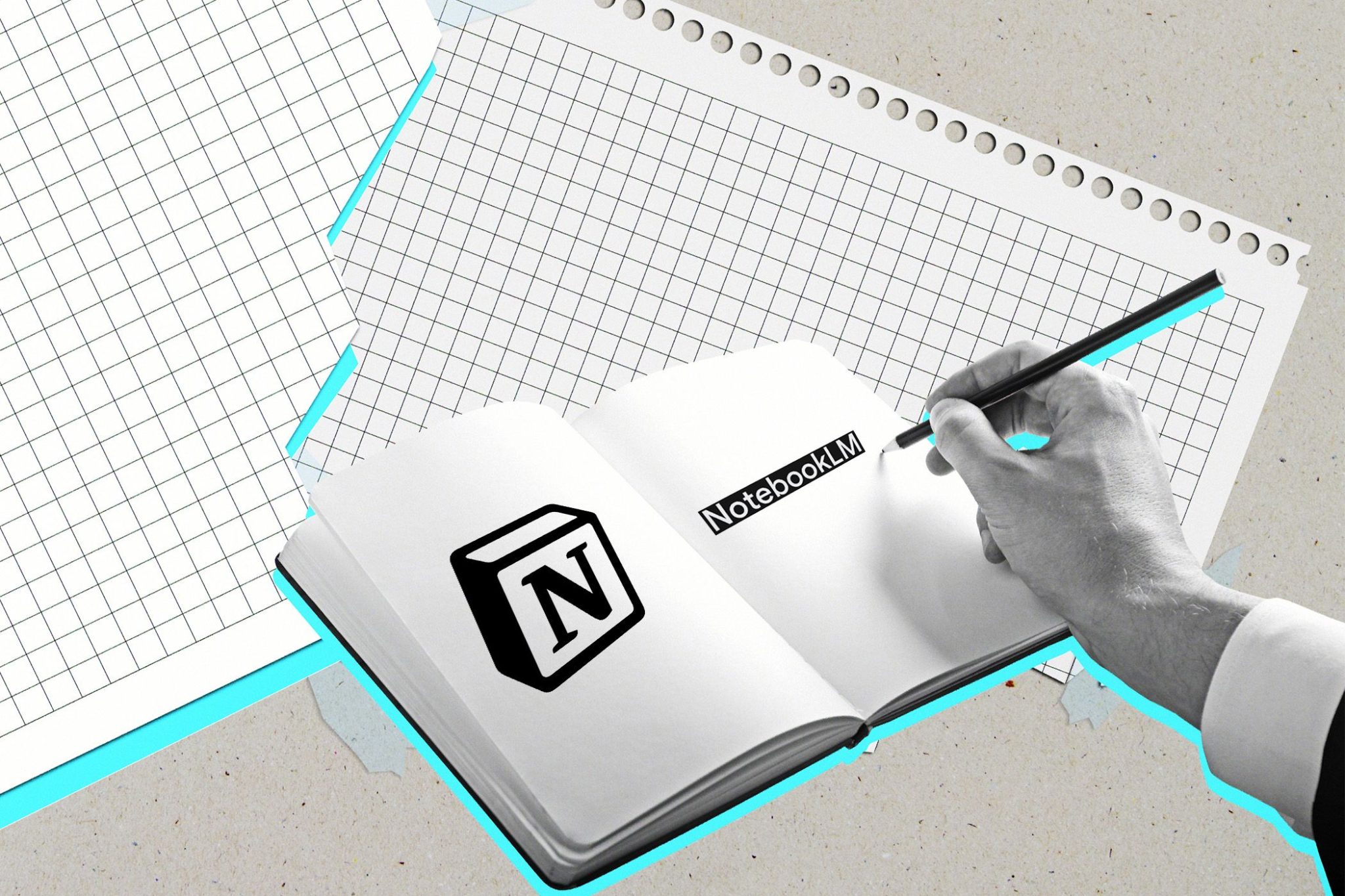 Libro aperto con i loghi Notion e NotebookLM sulle pagine